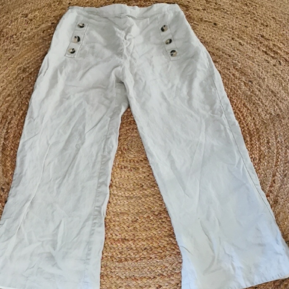 Elan 100% linen Womens Pull On Wide Leg Pants,Sailor coastal, beachy. Size L